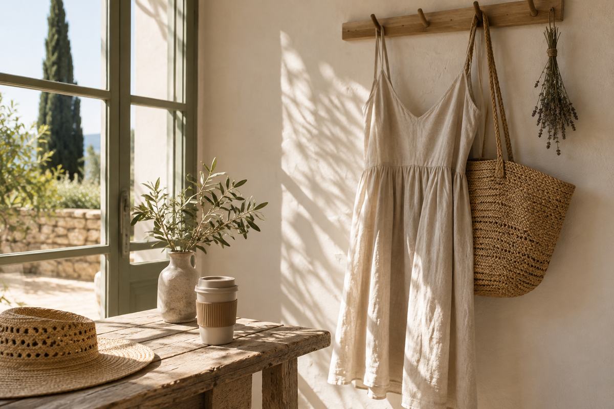Lightweight linen summer dress beside a woven basket and reusable cup