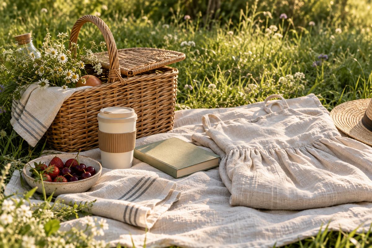 Midsummer picnic with linen cloth, basket, books and seasonal food