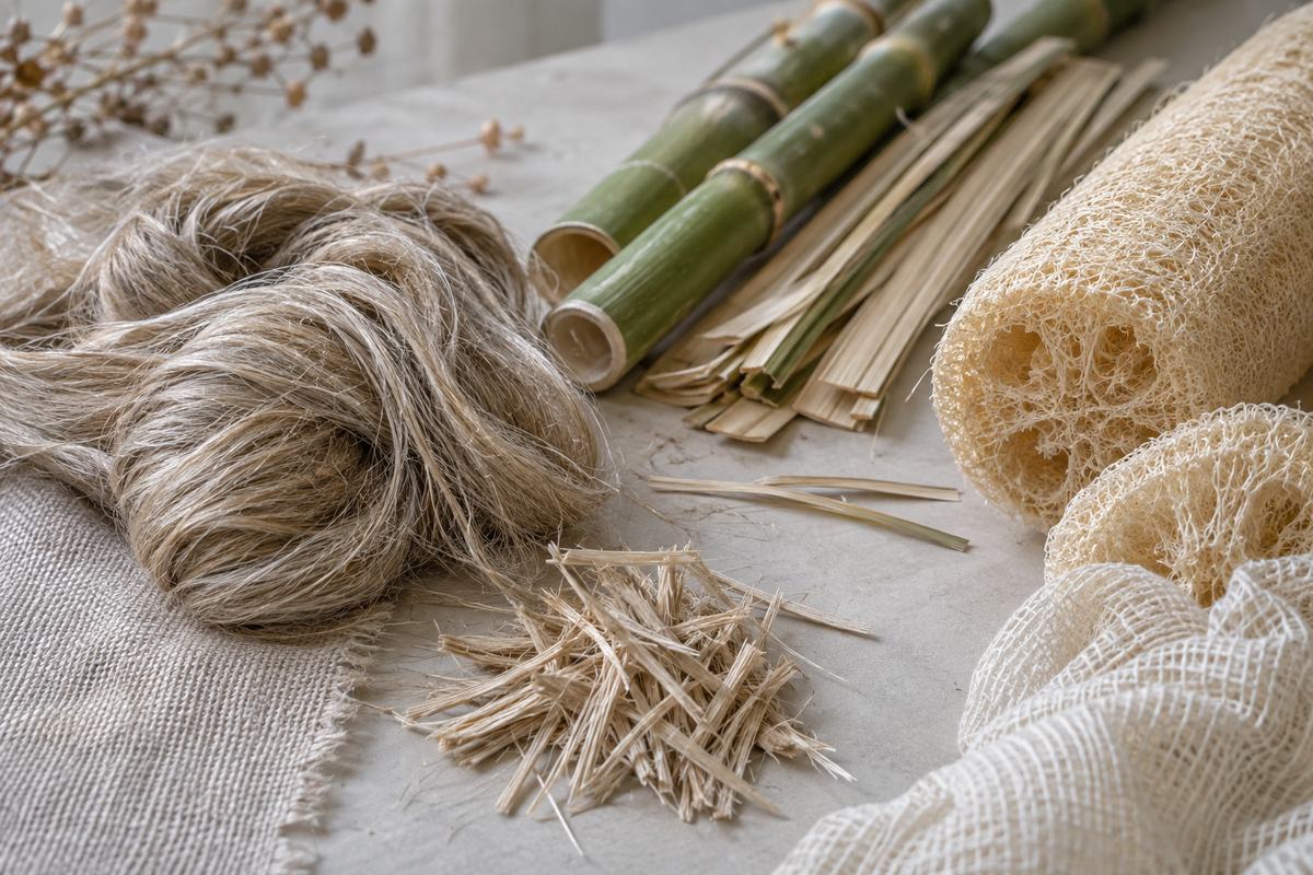 Illustrative arrangement of bamboo, loofah and flax fibres with woven plant-based samples