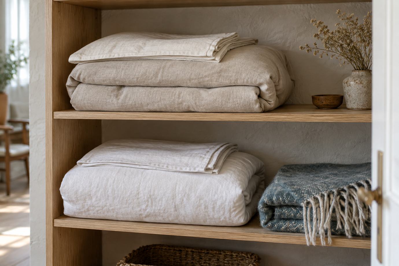 Two neatly folded linen bedding sets and a seasonal throw in an organised cupboard