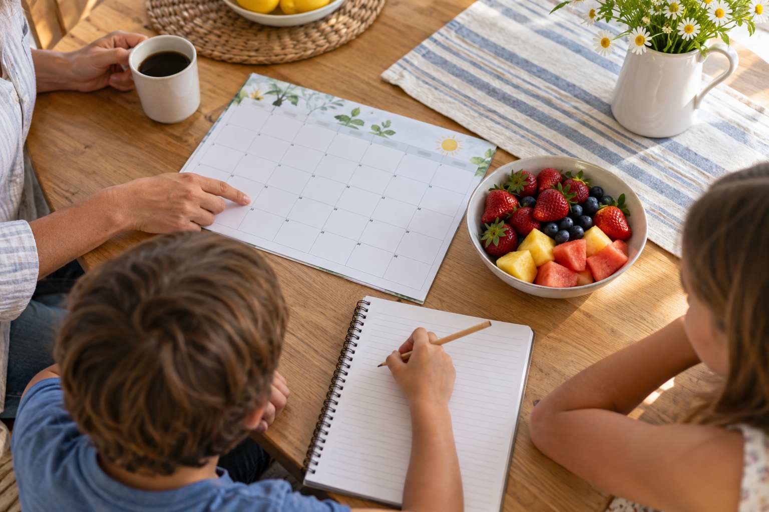 Simple summer planning notes beside a linen cloth and fresh flowers