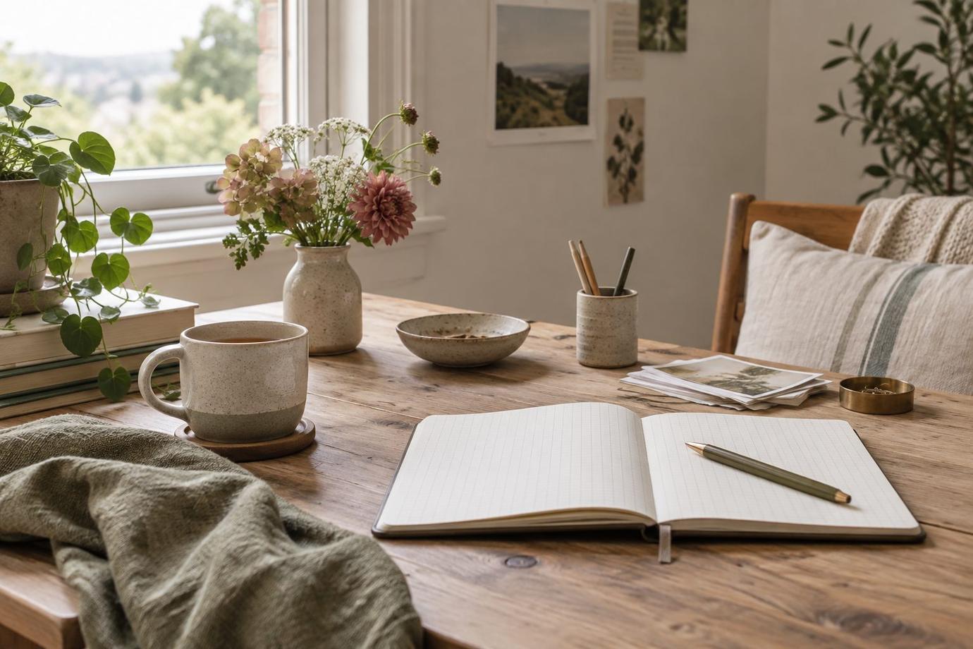 Tea, flowers and a squared notebook on a calm home workspace