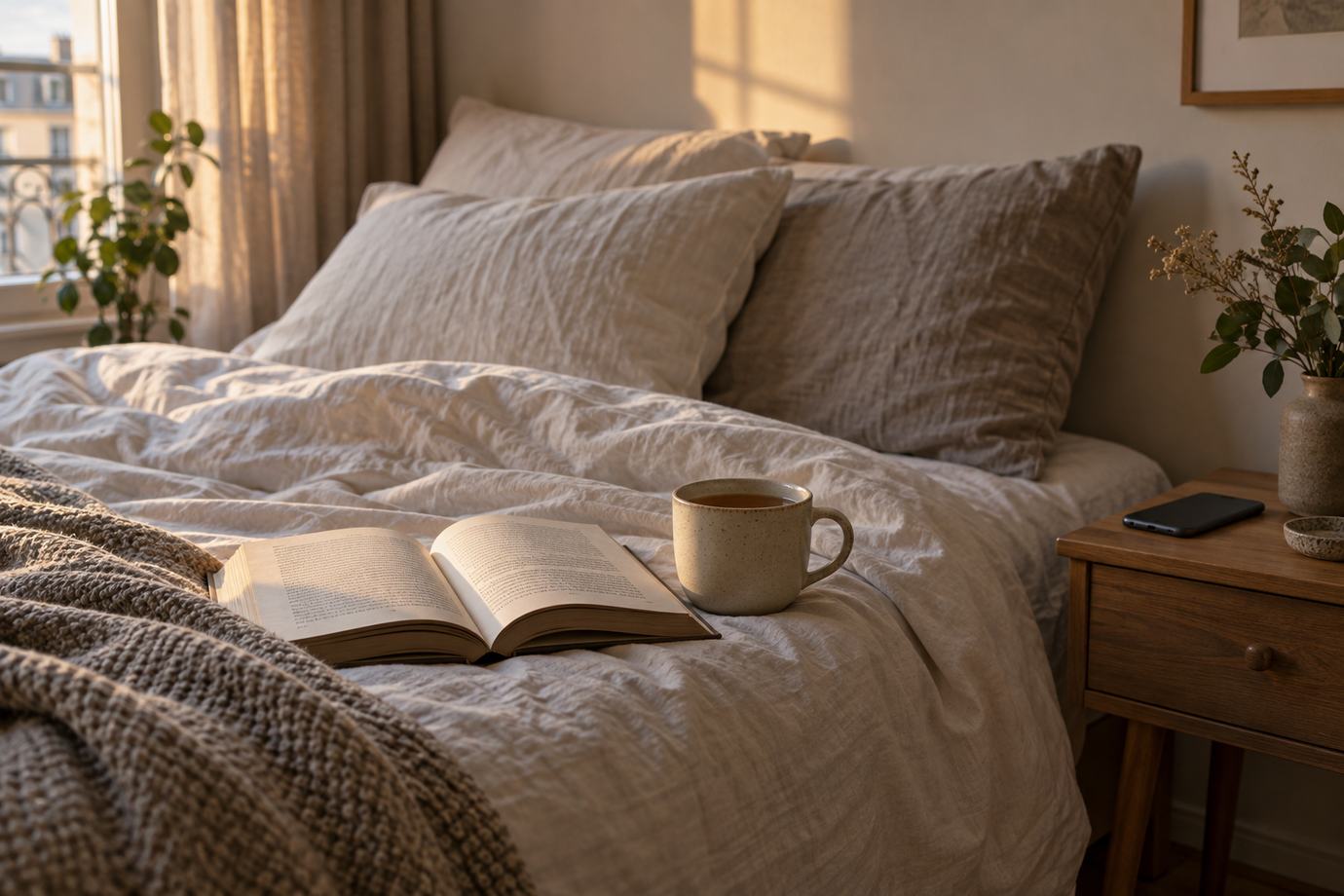 Open book, tea and face-down phone on a bed with softly rumpled linen bedding