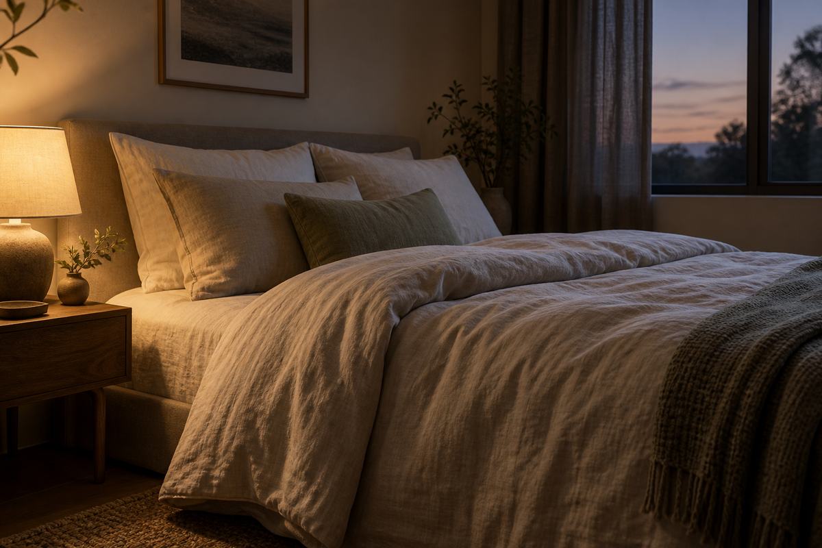 Calm linen bedroom at dusk with warm light and a tidy bedside table