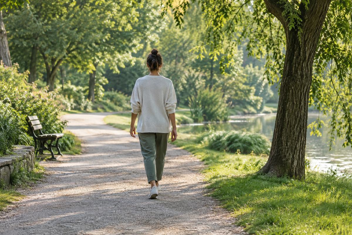 Person taking a gentle morning walk along a tree-lined path