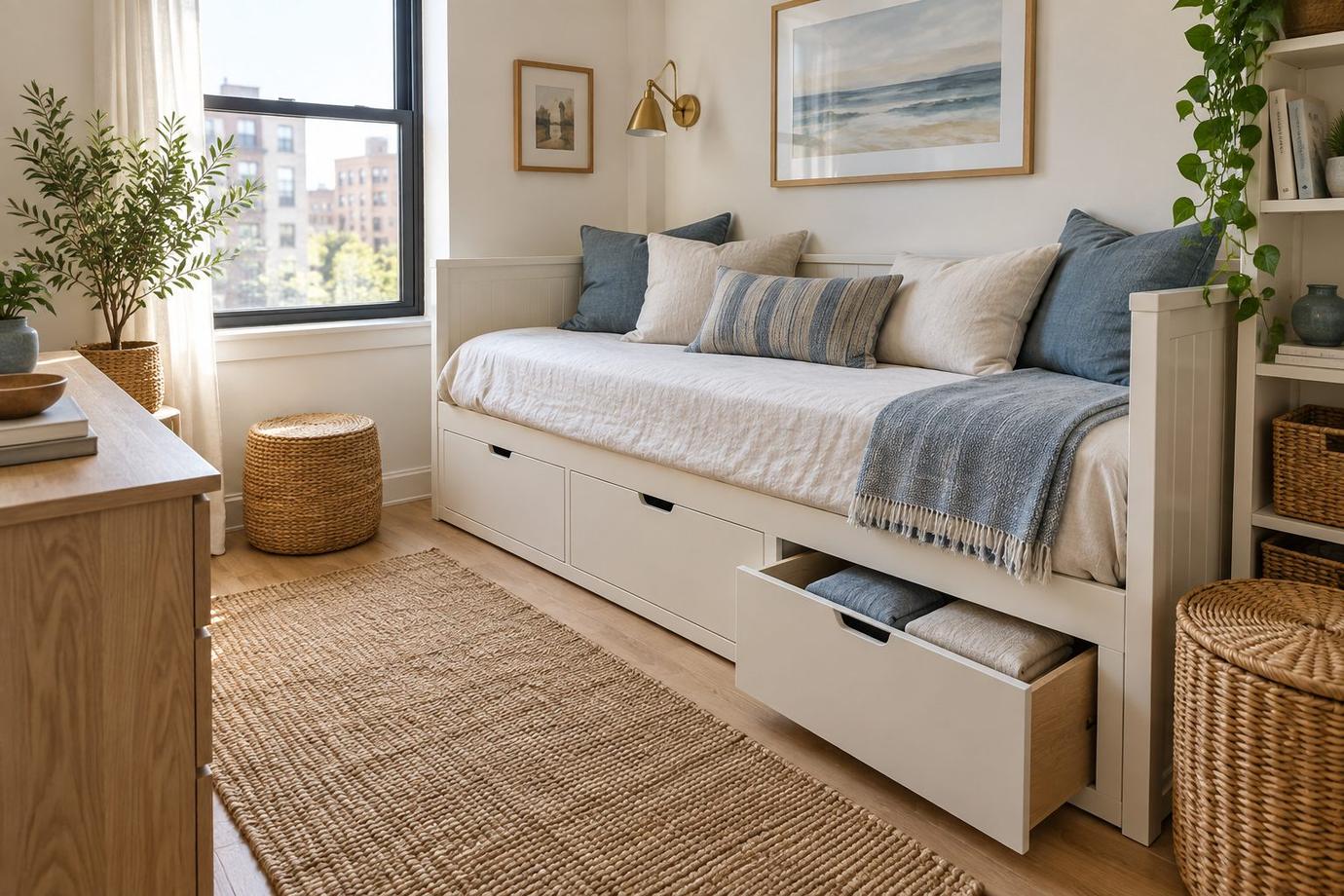 Compact guest room with a linen-covered daybed and integrated storage