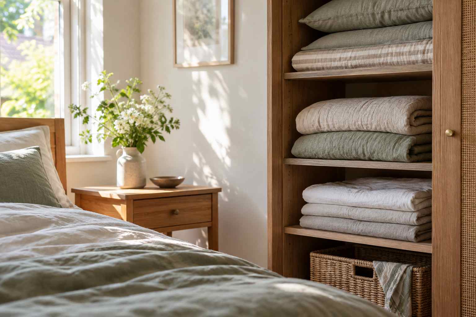 Neatly folded linen bedding in a spring bedroom wardrobe beside a cleared bedside table