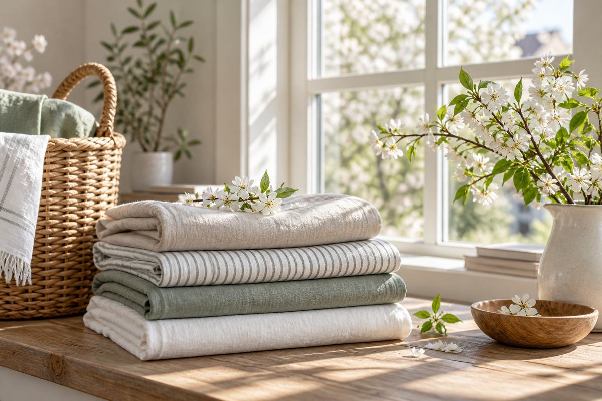 Freshly folded linen textiles beside a bright window during a spring declutter