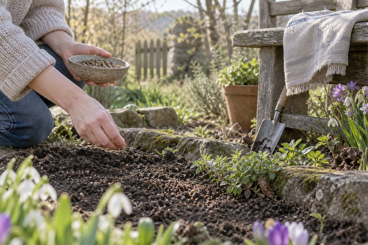 Wildflower seeds being sown by hand in a spring garden