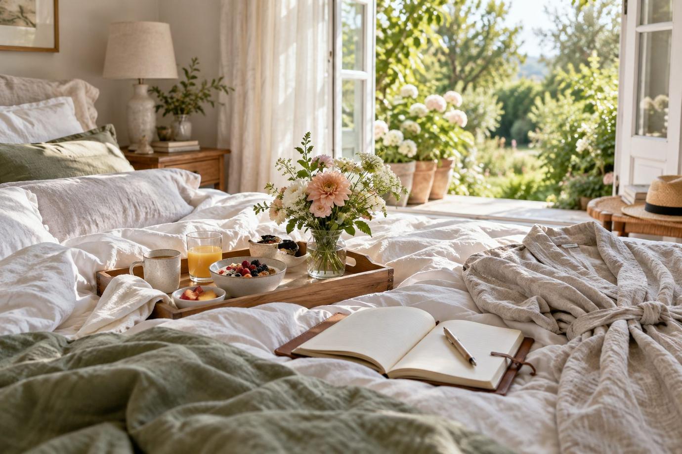 Breakfast, journal and linen robe on a relaxed bed beside an open garden door