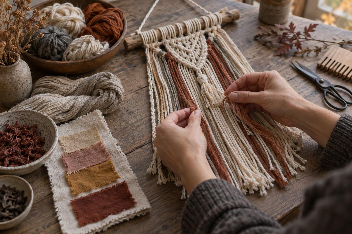 Hands tying a natural cotton macramé piece