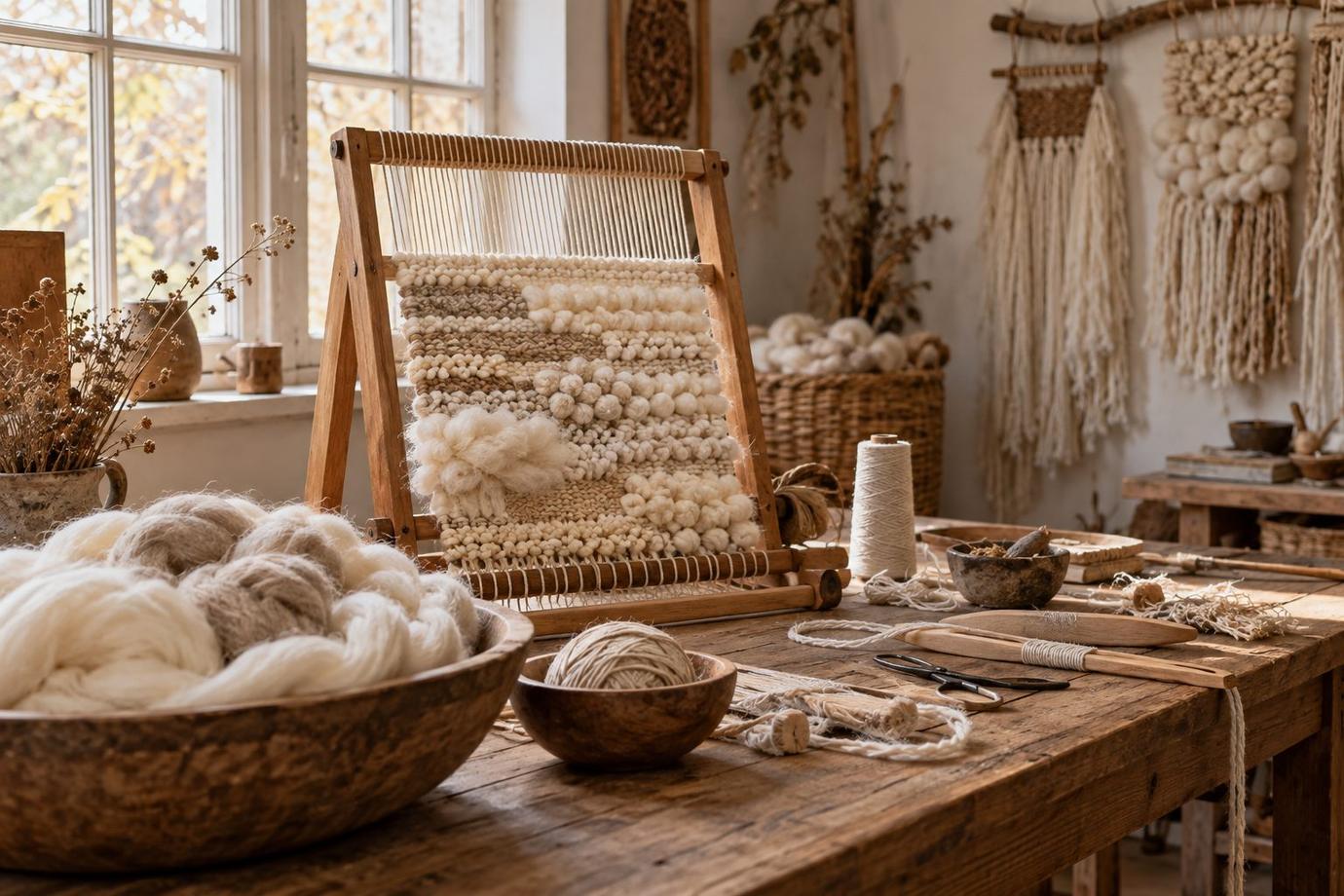 Wooden loom with natural yarns in a calm weaving studio