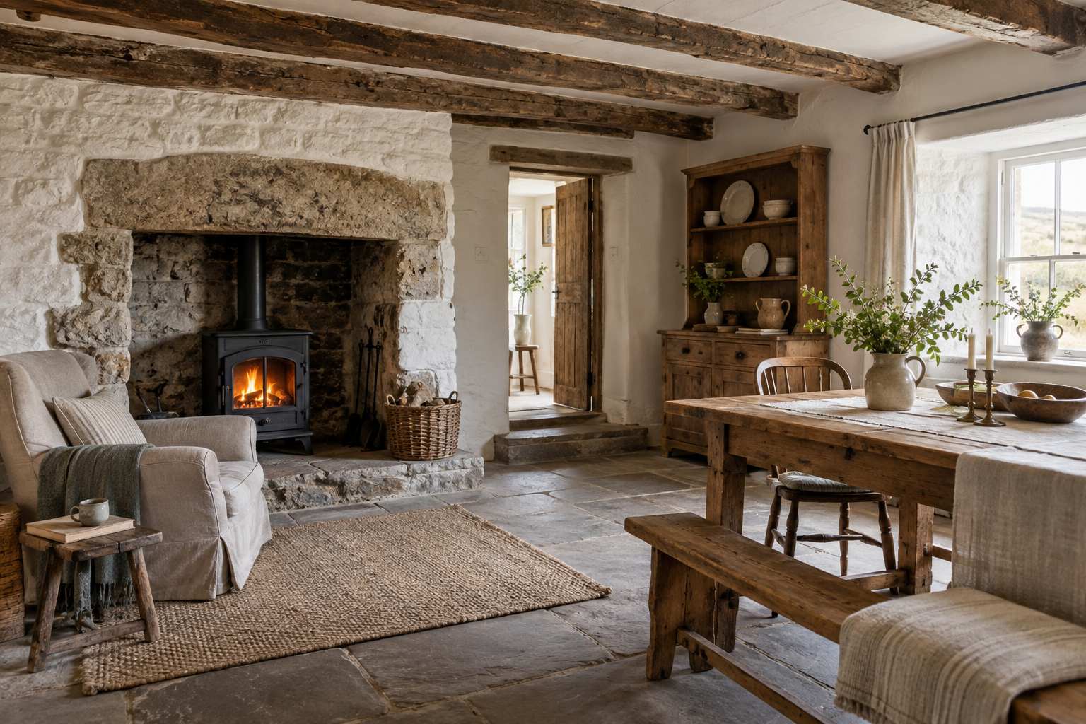 Warm Welsh cottage interior with natural textures and linen textiles