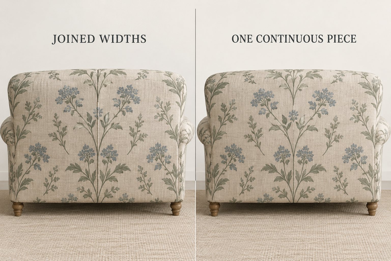 Comparison of joined upholstery fabric widths and one continuous railroaded piece