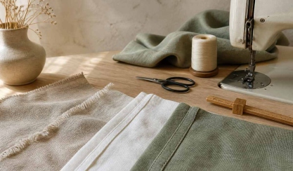 Finished seam samples in natural linen beside a sewing machine