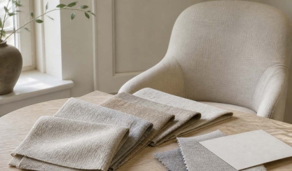 Neutral linen upholstery swatches arranged beside an upholstered chair