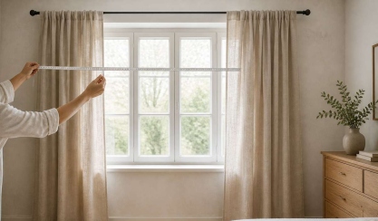Linen curtains measured across a wide window before sewing