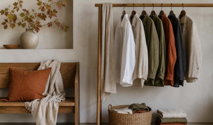 Autumn capsule wardrobe of muted linen layers beside folded clothes