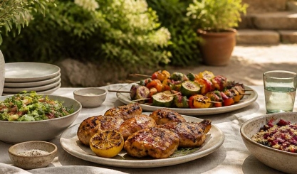 Summer barbecue dishes served on a natural linen-covered garden table