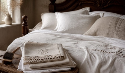 Antique wooden bed dressed with white linen and folded heritage textiles