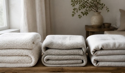 Folded cotton terry, woven wool and washed linen blankets on an oak bench