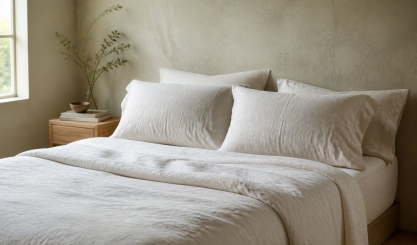 Freshly changed white linen sheets and pillows in a calm bedroom