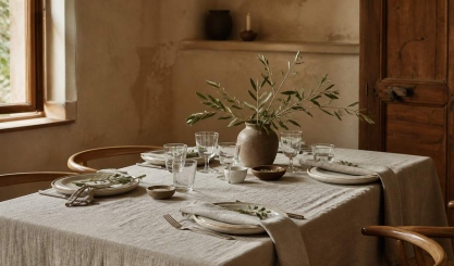 Warm dinner table set with a natural linen tablecloth and napkins