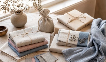 Curated linen gifts wrapped simply with paper and natural twine