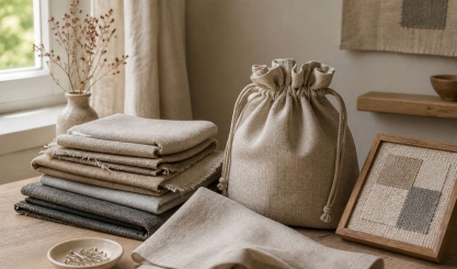 Linen offcuts made into a drawstring bag, napkin and framed textile sample