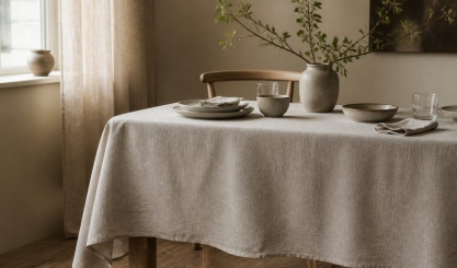 Natural linen tablecloth draped evenly over a wooden dining table