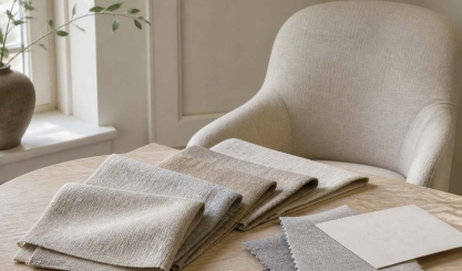 Neutral linen upholstery swatches arranged beside an upholstered chair