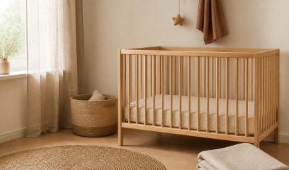 Calm nursery with a wooden cot, linen curtains and folded natural textiles
