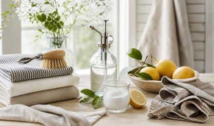 Natural spring-cleaning toolkit with reusable linen cloths and wooden brushes