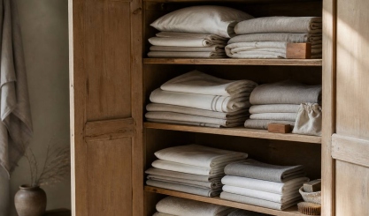 Organised wooden cupboard with folded sheets, towels and table linen