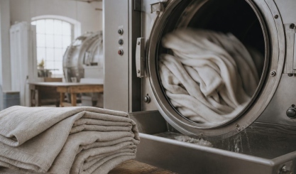 Softened linen being finished in a clean industrial washing drum