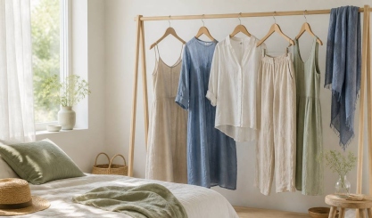 Airy summer capsule wardrobe of linen dresses, shirts and trousers