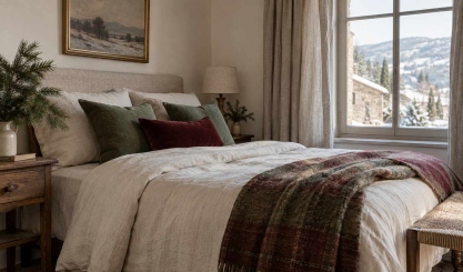 Christmas guest bedroom with off-white linen bedding, green cushions and a wool throw