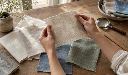 Hands inspecting natural linen fabric samples for weave, texture and quality