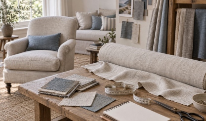 Linen upholstery fabric, measuring tape and swatches beside an upholstered armchair