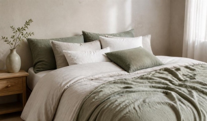 Layered sage and natural linen bedding in a softly lit bedroom