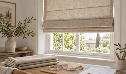 Natural linen Roman blind beside fabric, ruler and measuring tape
