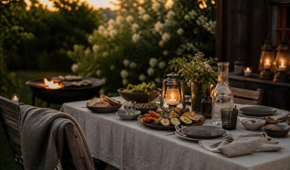 Linen-covered garden table set for a relaxed barbeque evening