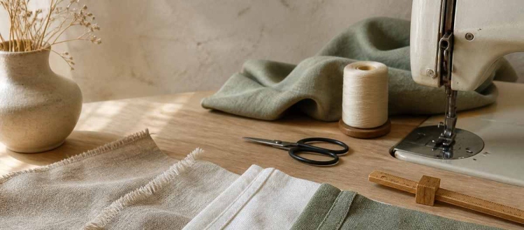 Finished seam samples in natural linen beside a sewing machine