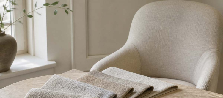 Neutral linen upholstery swatches arranged beside an upholstered chair