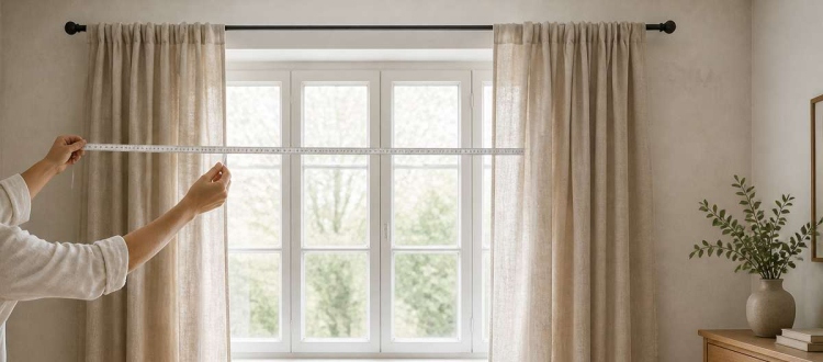 Linen curtains measured across a wide window before sewing