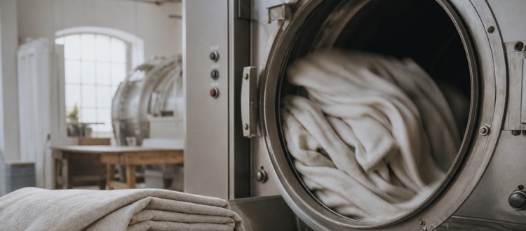Softened linen being finished in a clean industrial washing drum