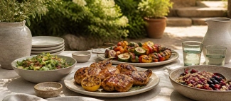 Summer barbecue dishes served on a natural linen-covered garden table