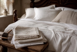 Antique wooden bed dressed with white linen and folded heritage textiles