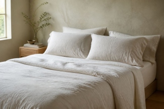 Freshly changed white linen sheets and pillows in a calm bedroom