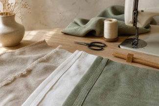 Finished seam samples in natural linen beside a sewing machine